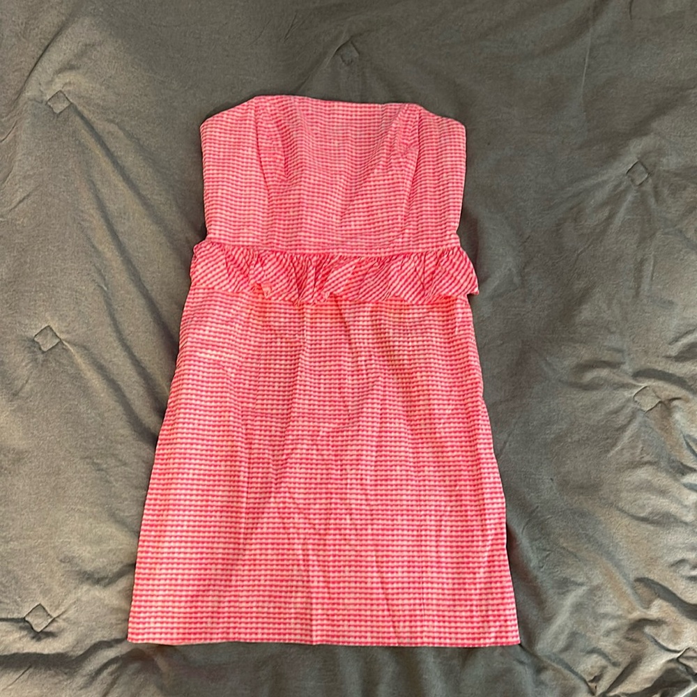 Lily Pulitzer Pink plaid strapless a line peplum mini dress
